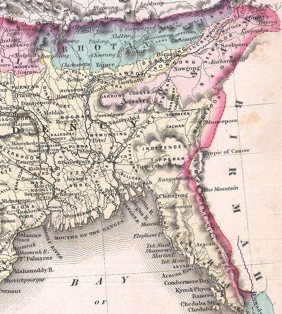 New Territories added after the War, Northeast India in an 1855 Colton Map, Wikimedia Commons.